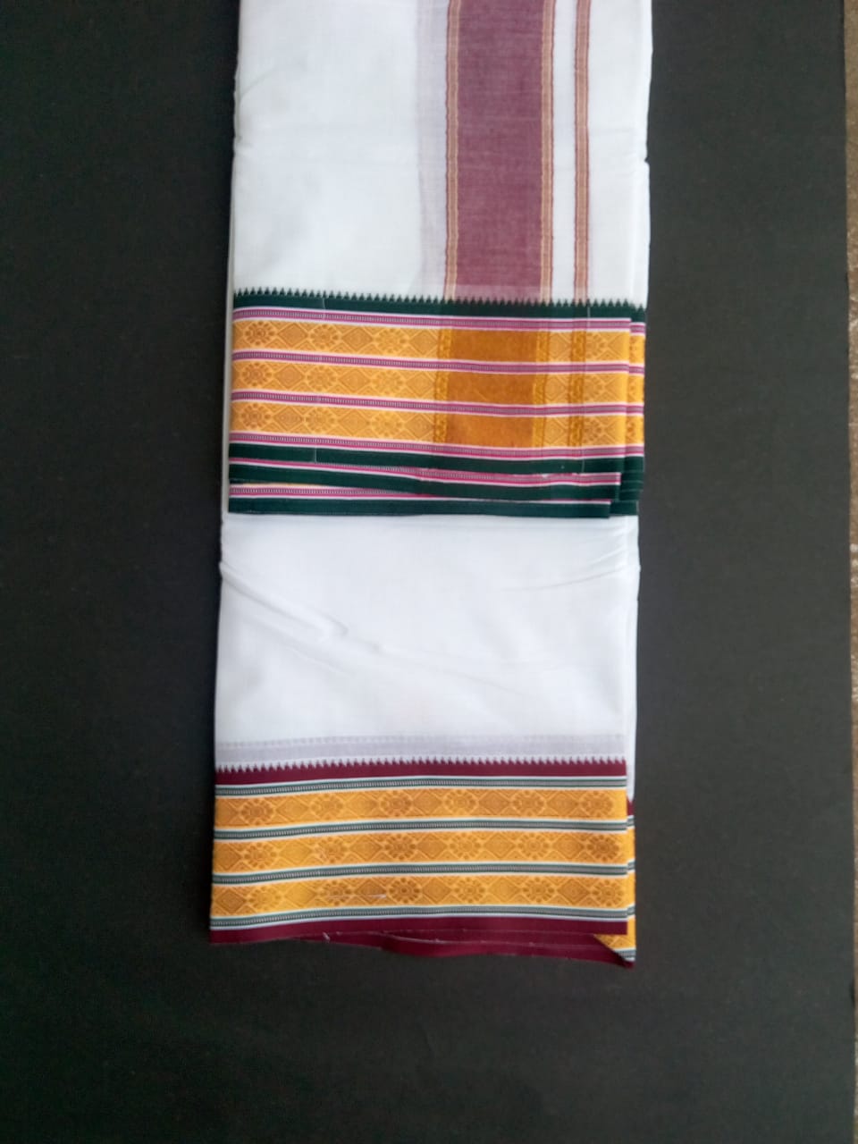 EXD556 Mens 100% Pure Cotton Dhoti With Diamond Border / Bleach Dhoti Size Mulam 9X5 (or) 4.15 Mtr Dhoti with 2.30 Mtr Angavastram