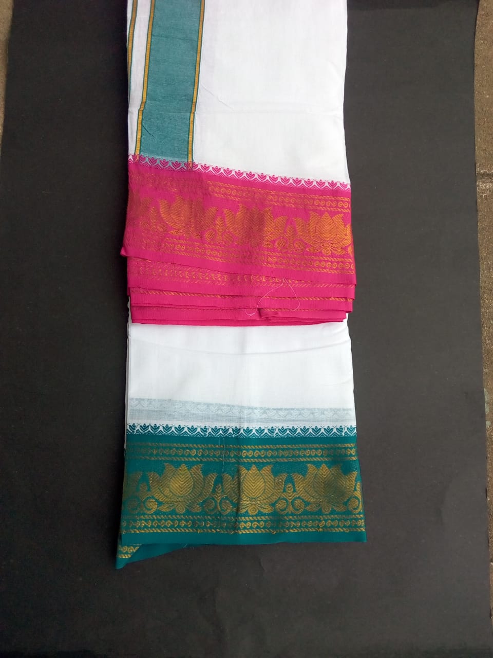 EXD566 Mens 100% Pure Cotton Dhoti With Polyester Lotus Border / Bleach Dhoti Size Mulam 9X5 (or) 4.15 Mtr Dhoti with 2.30 Mtr Angavastram