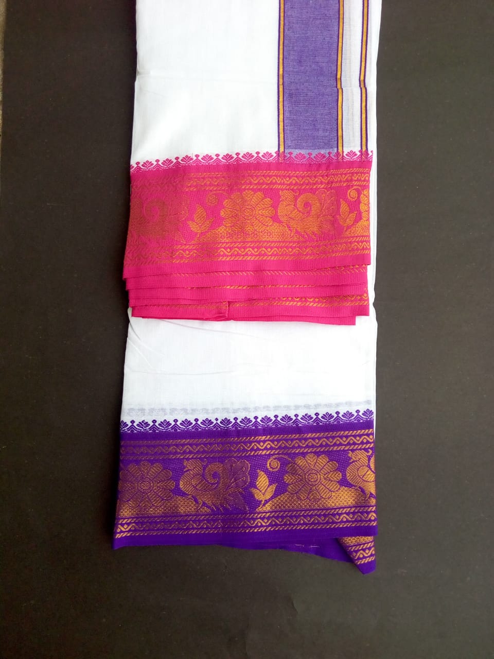 EXD567 Mens 100% Pure Cotton Dhoti With Polyester Flower & Annapachi Border / Bleach Dhoti Size Mulam 9X5 (or) 4.15 Mtr Dhoti with 2.30 Mtr Angavastram
