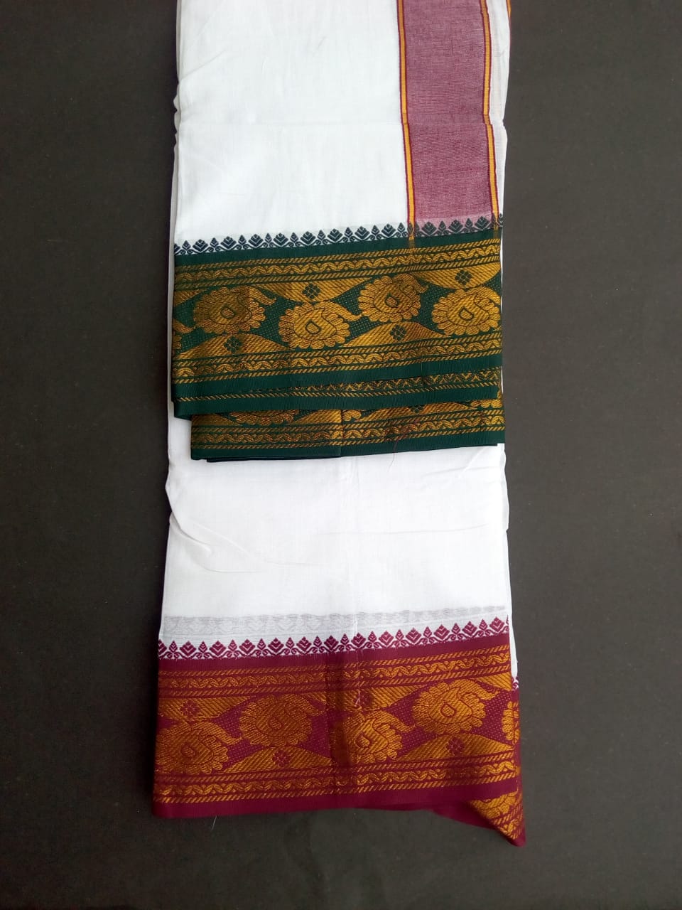 EXD569 Mens 100% Pure Cotton Dhoti With Polyester Mango Border / Bleach Dhoti Size Mulam 9X5 (or) 4.15 Mtr Dhoti with 2.30 Mtr Angavastram