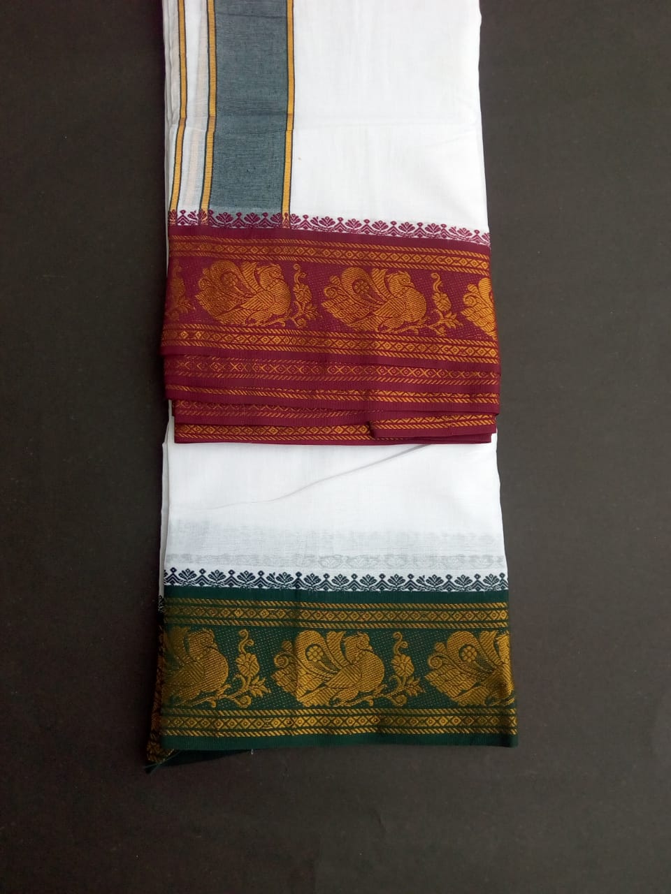 EXD570 Mens 100% Pure Cotton Dhoti With Polyester Annapachi Border / Bleach Dhoti Size Mulam 9X5 (or) 4.15 Mtr Dhoti with 2.30 Mtr Angavastram
