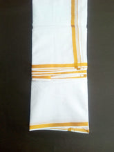EXD575 Mens 100% Pure Cotton Dhoti With Polyester Diamond Gold Zari Border / Bleach Dhoti Size Mulam 9X5 (or) 4.15 Mtr Dhoti with 2.30 Mtr Angavastram