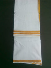 EXD575 Mens 100% Pure Cotton Dhoti With Polyester Diamond Gold Zari Border / Bleach Dhoti Size Mulam 9X5 (or) 4.15 Mtr Dhoti with 2.30 Mtr Angavastram