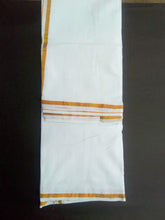 EXD576 Mens 100% Pure Cotton Dhoti With Polyester Diamond Gold Zari Border / Bleach Dhoti Size Mulam 9X5 (or) 4.15 Mtr Dhoti with 2.30 Mtr Angavastram