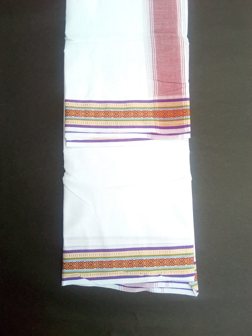 EXD580 Mens 100% Pure Cotton Dhoti With Polyester Diamond Border / Bleach Dhoti Size Mulam 9X5 (or) 4.15 Mtr Dhoti with 2.30 Mtr Angavastram