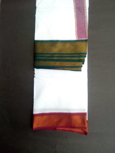 EXD585 Mens Pure Cotton Dhoti With Polyester 10 Peacocock Eyes Border / Bleach Dhoti Size Mulam 9X5 (or) 4.15 Mtr Dhoti with 2.30 Mtr Angavastram