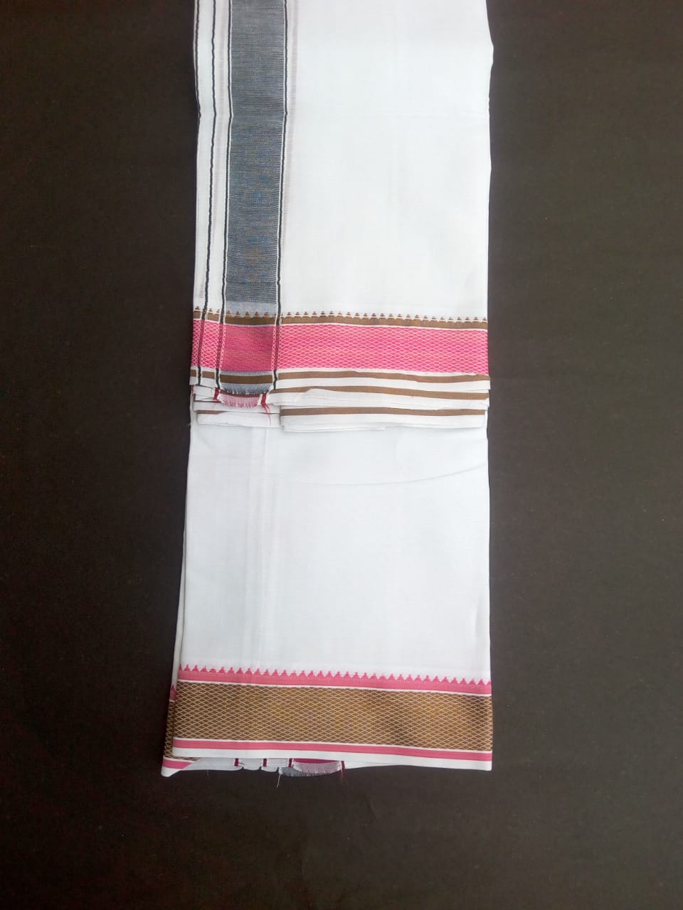 EXD588 Mens 100% Pure Cotton Dhoti With 11 Peacock Eyes Polyester Border / Bleach Dhoti Size Mulam 8 (or) 3.60 Mtr Dhoti
