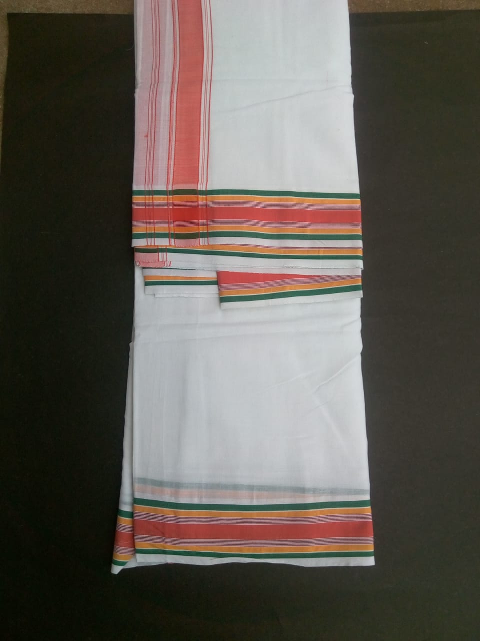 EXD593 Mens 100% Pure Cotton Dhoti With Lines Polyester Border / Bleach Dhoti Size Mulam 10X6 (or) 4.62Mtr Dhoti with 2.77Mtr Angavastram