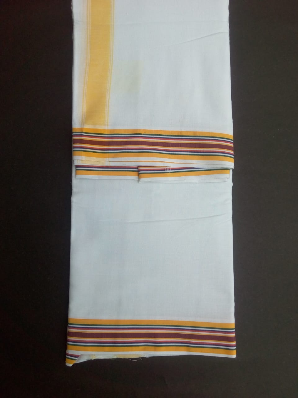 EXD595 Mens 100% Pure Cotton Dhoti With Lines Polyester Border / Bleach Dhoti Size Mulam 10X6 (or) 4.62Mtr Dhoti with 2.77Mtr Angavastram