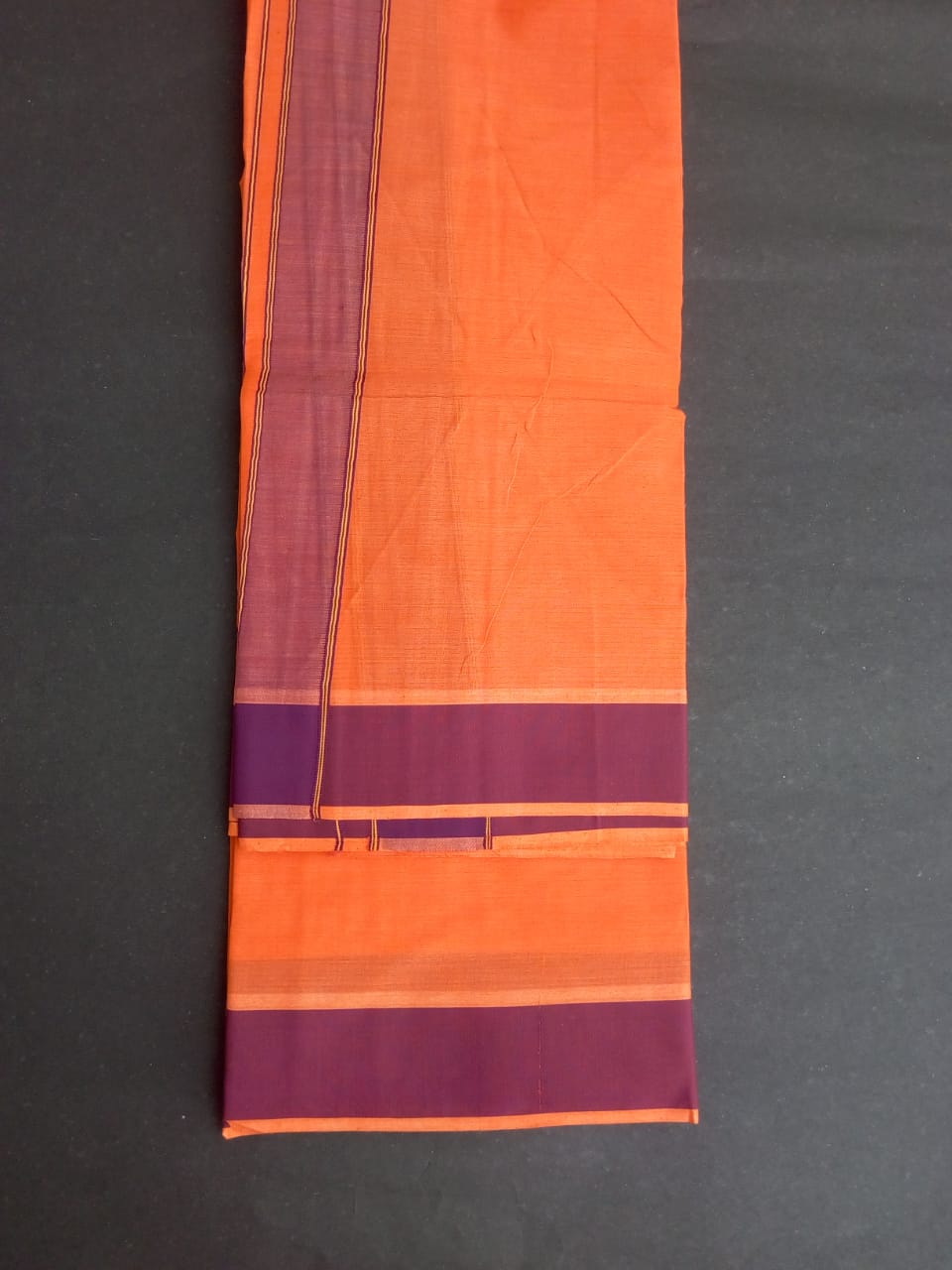 EXD602 Men's Traditional Colour Cotton Dhoti With Plain Border On Orange Dhoti Size Mulam 9X5 (or) 4.15 Mtr Dhoti with 2.30 Mtr Angavastram