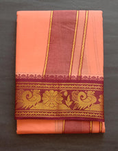 EXD607 Men's Traditional Pure cotton Orange Color Dhoti size Mulam 9X5 (or) 4.15 Mtr Dhoti with 2.30 Mtr Angavastram With Peacook & Flower Border Colour Maroon & Dark Green