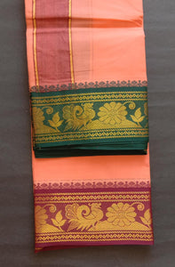 EXD607 Men's Traditional Pure cotton Orange Color Dhoti size Mulam 9X5 (or) 4.15 Mtr Dhoti with 2.30 Mtr Angavastram With Peacook & Flower Border Colour Maroon & Dark Green