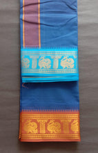 EXD608 Men's Traditional Pure cotton Dark Blue Color Dhoti size Mulam 9X5 (or) 4.15 Mtr Dhoti with 2.30 Mtr Angavastram With Peacook Border Colour Red & Sky Bue