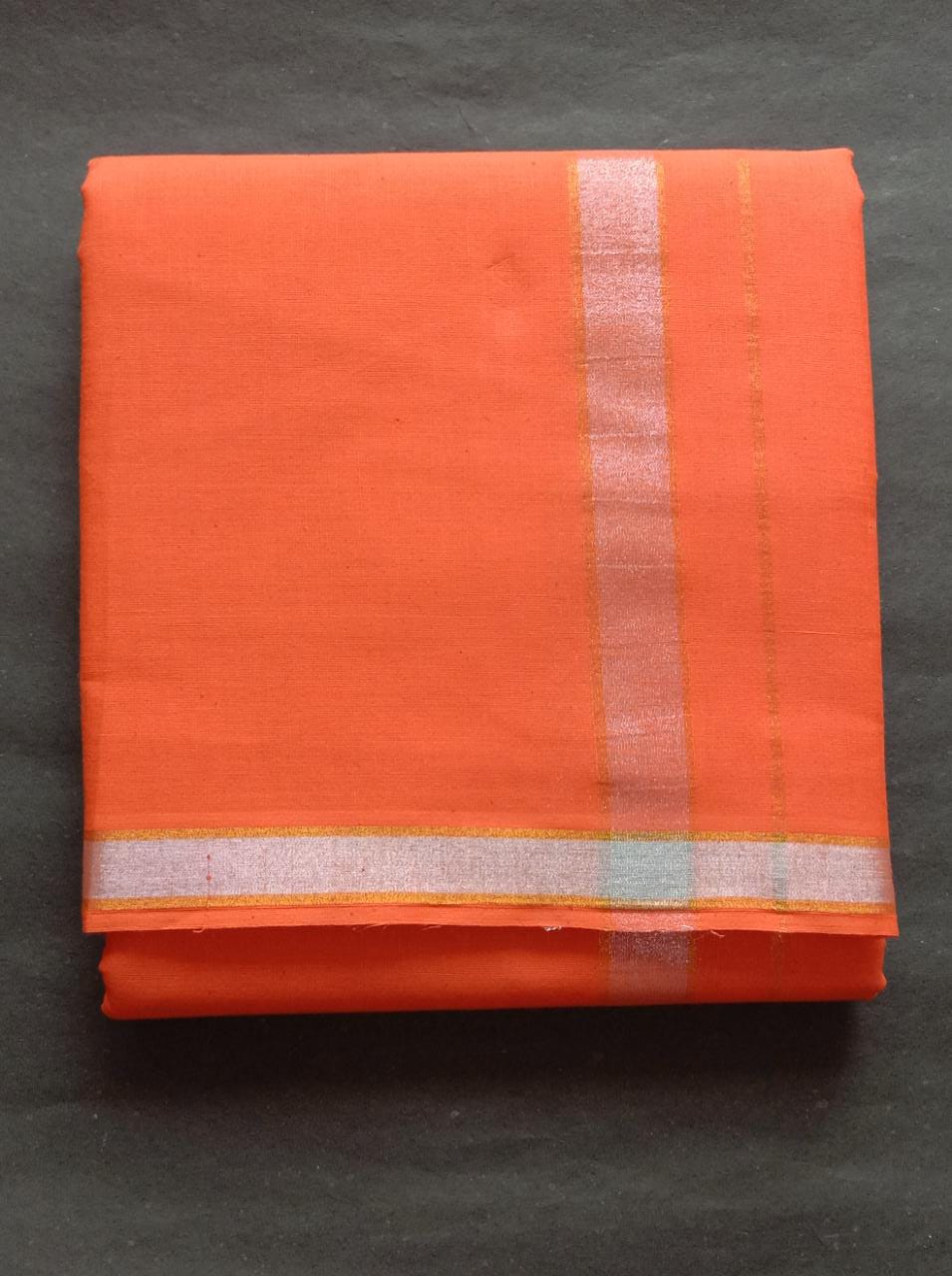EXD612 Men's Traditional Pure Cotton Color Dhoti size Mulam 9X5 (or) 4.15 Mtr Dhoti with 2.30 Mtr Angavastram With Silver Color Border