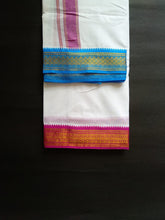 EXD614 Men's Traditional Cotton Dhoti size Mulam 10X6 (or) 4.62 Mtr Dhoti with 2.77 Mtr Angavastram With Polyester Zari Leaf Border