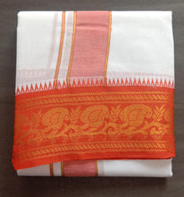 EXD617 Mens 100% Pure Cotton Dhoti With Polyester Mango Border / Bleach Dhoti Size Mulam 9X5 (or) 4.15 Mtr Dhoti with 2.30 Mtr Angavastram