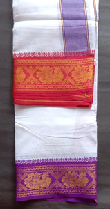 EXD620 Mens 100% Pure Cotton Dhoti With Polyester Peacook Border / Bleach Dhoti Size Mulam 9X5 (or) 4.15 Mtr Dhoti with 2.30 Mtr Angavastram