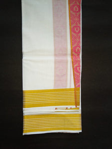 EXD645 Men's Traditional Dhoti With Design Munthi  Gold Zari Line Border / Bleach White Dhoti Size 8 Mulam ( or ) 3.60 Mtr Dhoti