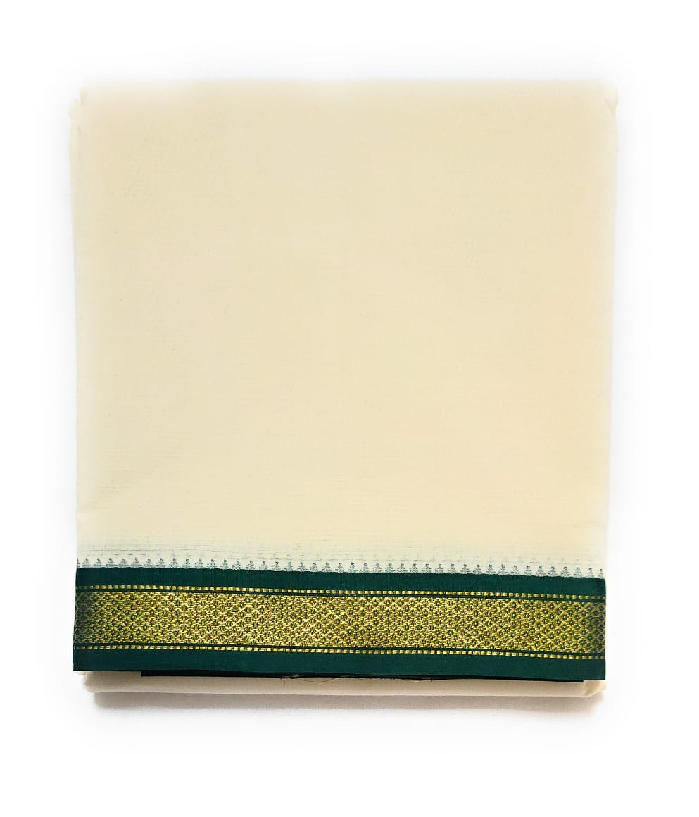 EXD646 Men's Traditional Jacquard Pure Cotton Mayilkann Ganga Jamuna Unbleached Cream Dhoti With Cotton Border Size-9 x 5 (4.1Mtr Dhoti with 2.3Mtr Angavastram)