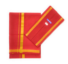 EXD648  Men's Traditional Cotton Color Dhoti Gold Zari Border with Cotton Angavastram / Towel (Size-2 mtrs)