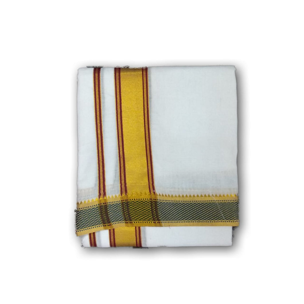 EXD651  Men's Traditional Pure Cotton Mayilkann Ganga Jamuna Bleached White Dhoti With Gold Munthi Size 8 Mulam/ 3.60Mtrs