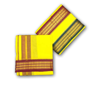 EXD659 Men's Traditional Pure Cotton Color Dhoties In Three Rudraksham Borders In Size 8x4 (3.60Mtr) Dhoti with 2.00Mtr Angavastram