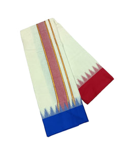 EXD661 Men's Traditional Cotton Dhoti With 3.5 inch Polyester Tower Border Half white Dhoti Size 9X5 (or) 4.15 Mtr Dhoti with 2.30 Mtr Angavastram