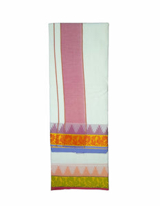 EXD662 Men's Traditional Cotton Dhoti With 4"inch Temple Tower Border bleached White Dhoti Size 9X5 (or) 4.15 Mtr Dhoti with 2.30 Mtr Angavastram