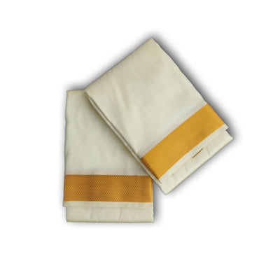 EXD665 Men's Traditional Art Silk Cream Color Dothi With Gold Border  9X5 (or) 4.15 Mtr Dhoti with 2.30 Mtr Angavastram