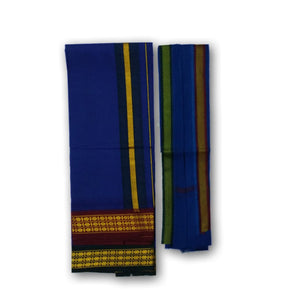 EXD666 Men's Pure Cotton Color Dhoties in Three Rudrahsham Borders in Size 2Mtrs Single Dhotie- 4 Muzham Cotton Angavastram/Towel 1.80 Mtr
