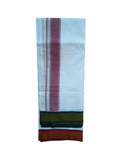 EXD678 Men's Traditional Pure Cotton Mayilkann Ganga Jamuna Cotton Dhoti With 2.5"Inch Polyester Border Bleached White Dhoti ( 9X5, 10X6  With Angavastram )