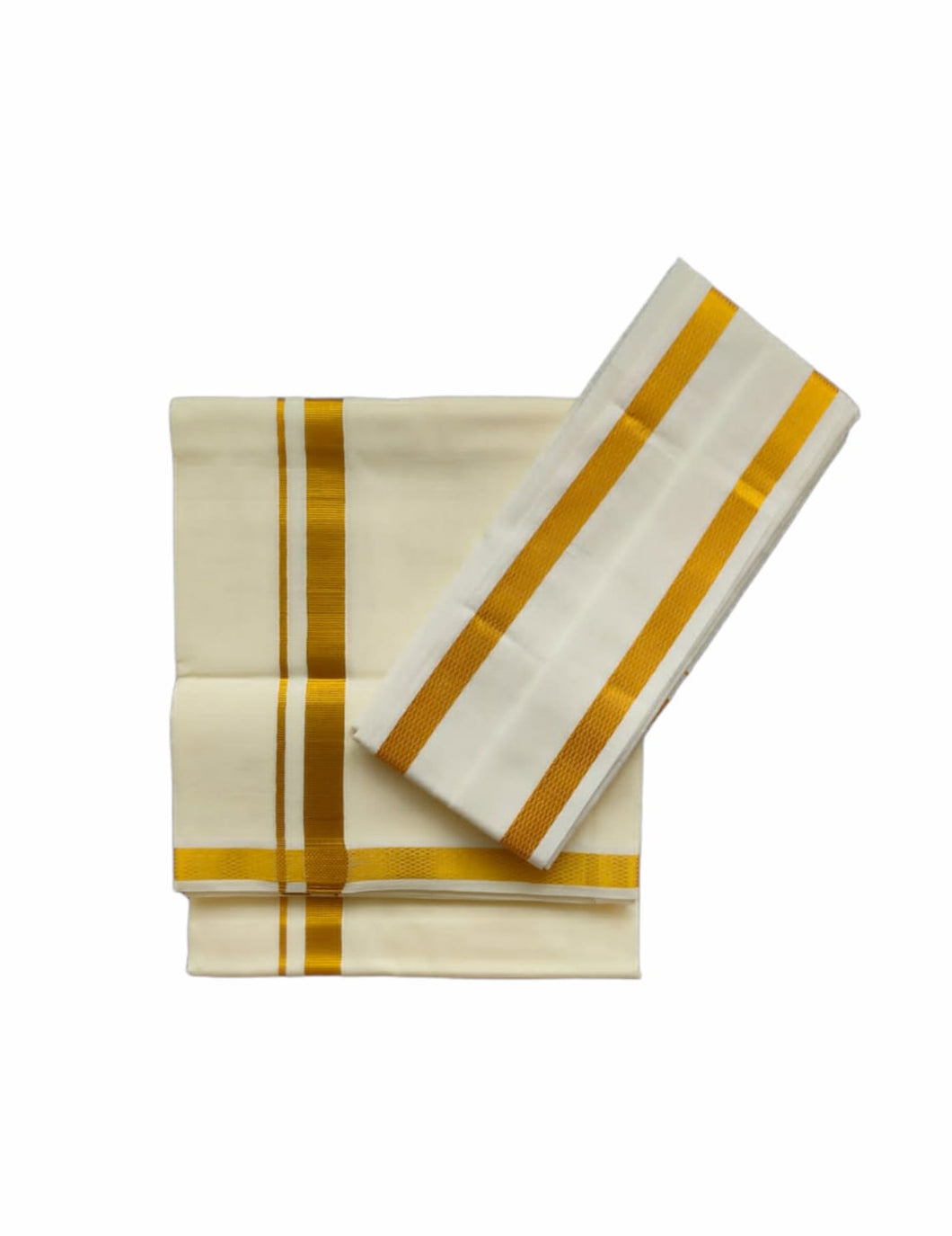 EXD681 Exclusive Dhoties Men's Pure Cotton Dhoti Gold Zari Border UnBleached Cream Dhoti With Angavastram/Towel Size 4 Mulam / 2Mtrs With Separate Angavastram