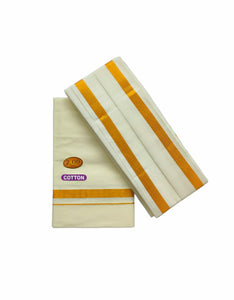EXD681 Exclusive Dhoties Men's Pure Cotton Dhoti Gold Zari Border UnBleached Cream Dhoti With Angavastram/Towel Size 4 Mulam / 2Mtrs With Separate Angavastram