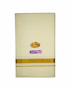 EXD681 Exclusive Dhoties Men's Pure Cotton Dhoti Gold Zari Border UnBleached Cream Dhoti With Angavastram/Towel Size 4 Mulam / 2Mtrs With Separate Angavastram