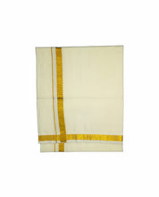 EXD681 Exclusive Dhoties Men's Pure Cotton Dhoti Gold Zari Border UnBleached Cream Dhoti With Angavastram/Towel Size 8 Mulam/ 3.60Mtr With Separate Angavastram