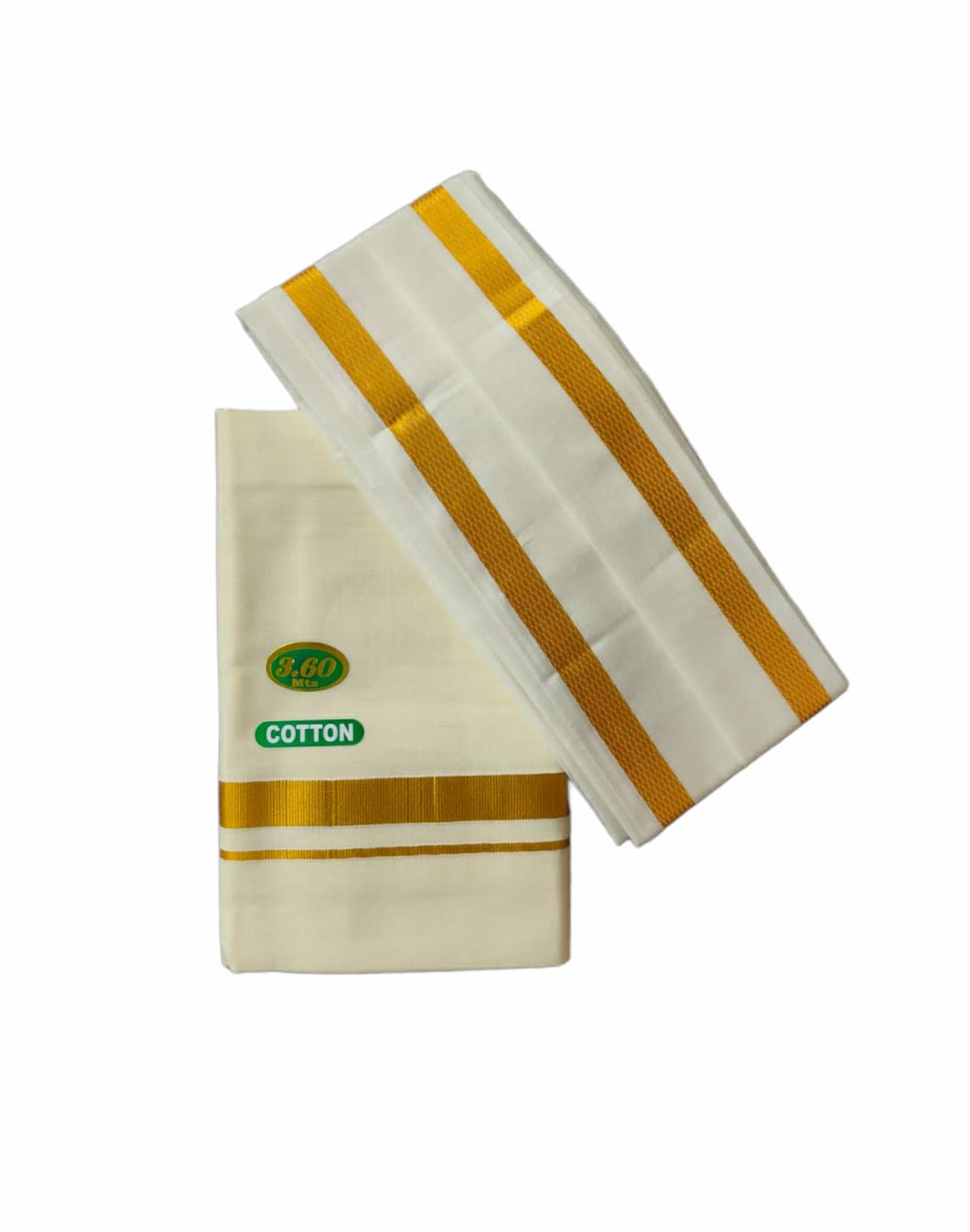 EXD681 Exclusive Dhoties Men's Pure Cotton Dhoti Gold Zari Border UnBleached Cream Dhoti With Angavastram/Towel Size 8 Mulam/ 3.60Mtr With Separate Angavastram