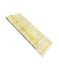 EXD699 Men's Kerala Gold Tissue Mundu Pure Cotton Cream Dhoti With Gold Border (4 Mtr)