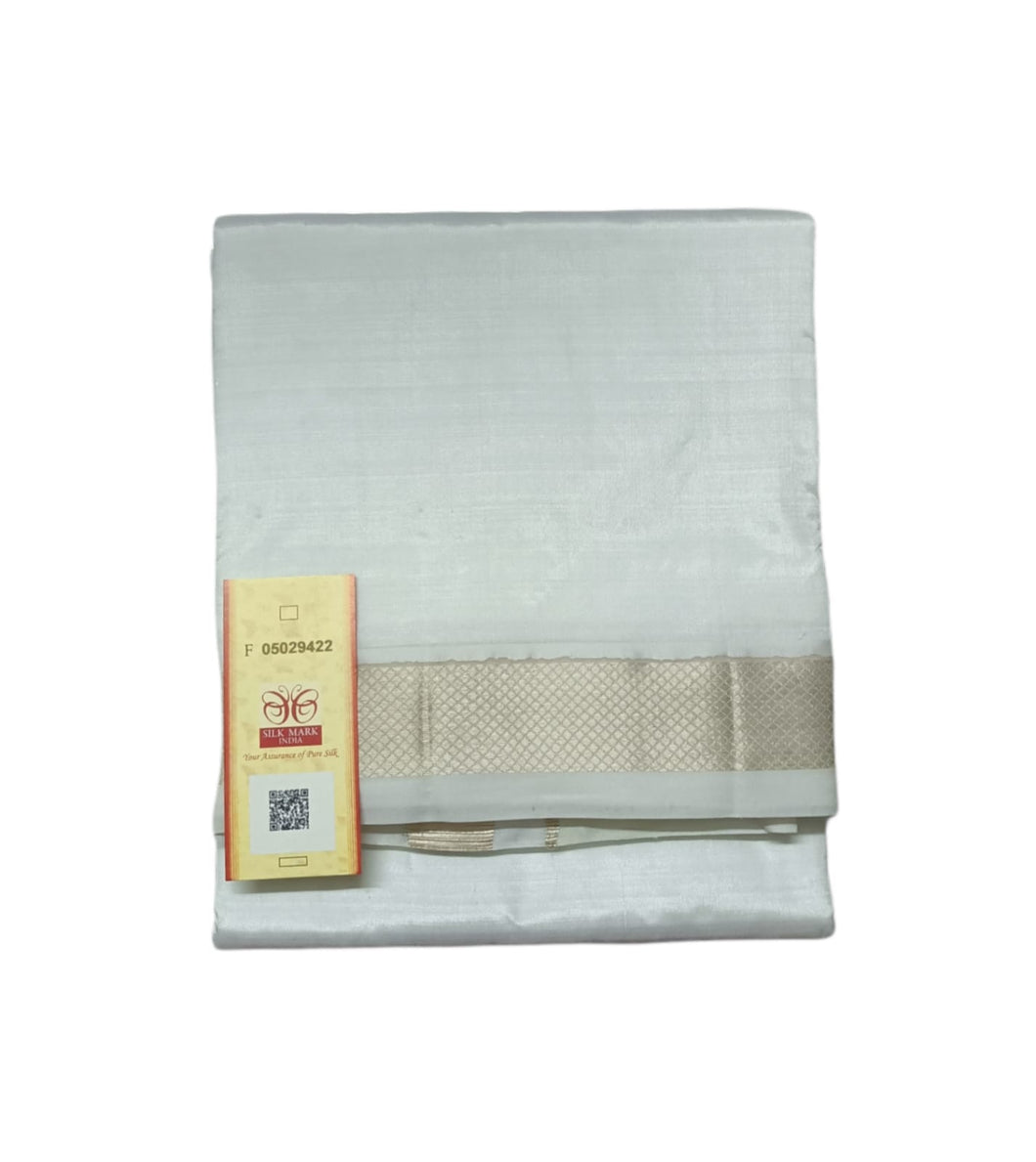 EXD709 Handloom Pure Silk White Color Dhoti Size 8 Mulam/ 3.60Mtrs Dhoti with Silver Zari Border
