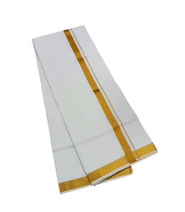 EXD713 Men's Traditional Mixed Cotton Bleached White Dhoti With Gold Zari Border Size 4 Mtr
