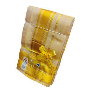 EXD720 Pure Silk Gold Tissue Dhoti With 3" Border Size 8x4 ( 3.60Mtr Dhoti With 2.00Mtr Angavastram )