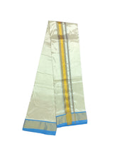 EXD723  Men's Traditional Semi Silk Cream Color Dhoti With Blue & Gold Border