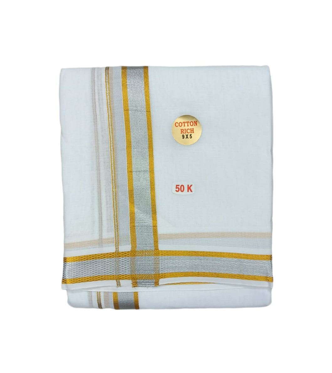 EXD738 Men's Traditional Cotton Colour Dhoti With Gold & Silver Border Size 9X5 (or) 4.15 Mtr Dhoti with 2.30 Mtr Angavastram