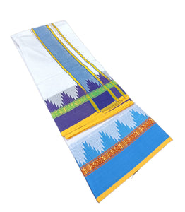 EXD745 Men's Traditional Pure Cotton Dhoti With 5.5"inch Tower Border bleached White Dhoti Size 9X5 (or) 4.15 Mtr Dhoti with 2.30 Mtr Angavastram