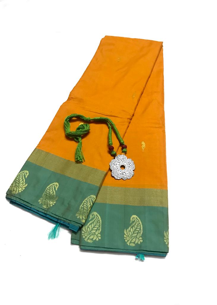EXL003 Exclusive Dhoties Arani Silk Buttis Work Saree with Matching German Metal Pendent Necklace for Women and Girls