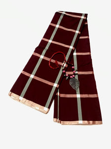 EXL011 Exclusive Dhoties Arani Silk Checked Design Saree with Matching German Metal Pendent Necklace for Women and Girls
