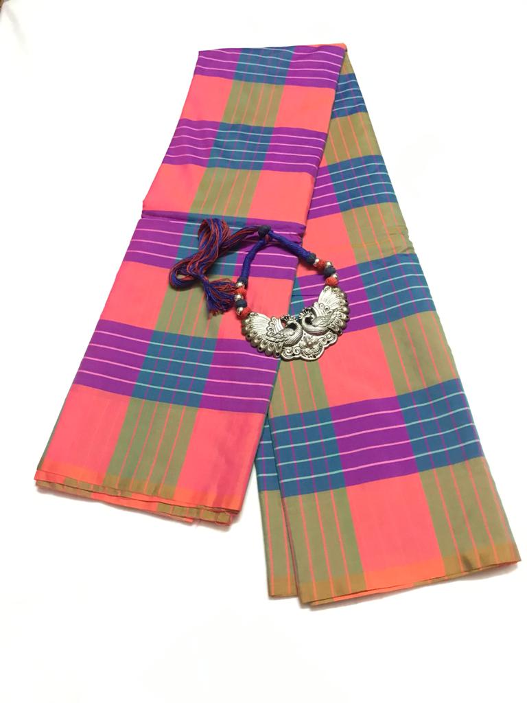 EXL012 Exclusive Dhoties Arani Silk Checked Design Saree with Matching German Metal Pendent Necklace for Women and Girls