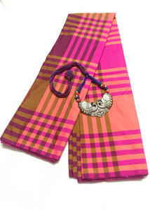 EXL013 Exclusive Dhoties Arani Silk Checked Design Saree with Matching German Metal Pendent Necklace for Women and Girls