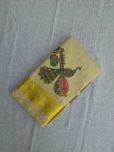 EXS028 100% Kerala Cotton Saree with Peacock Design / 6.25 Mtrs