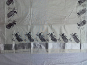 EXS031 100% Kerala Cotton Saree with Peacock Design / 6.25 Mtrs