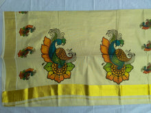 EXS032 100% Kerala Cotton Saree with Peacock Design / 6.25 Mtrs